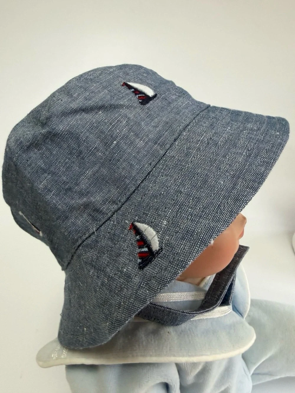 Janie - Jack Chambray Baby Bucket Hat Embroidered Sails Ships 6-12mo New